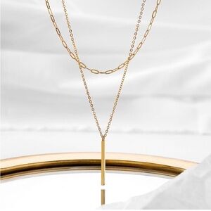 14k Gold Plated 2-Piece Layered Bar Chain Necklace
